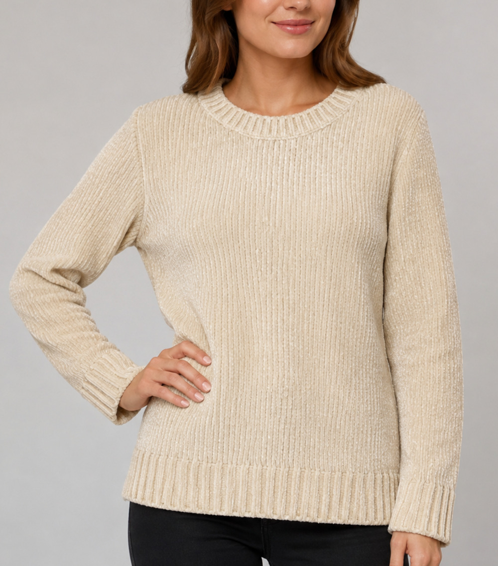 Orvis Womens S Cream Chenille Crewneck Sweater Soft Plush Cozy Ribbed Pullover